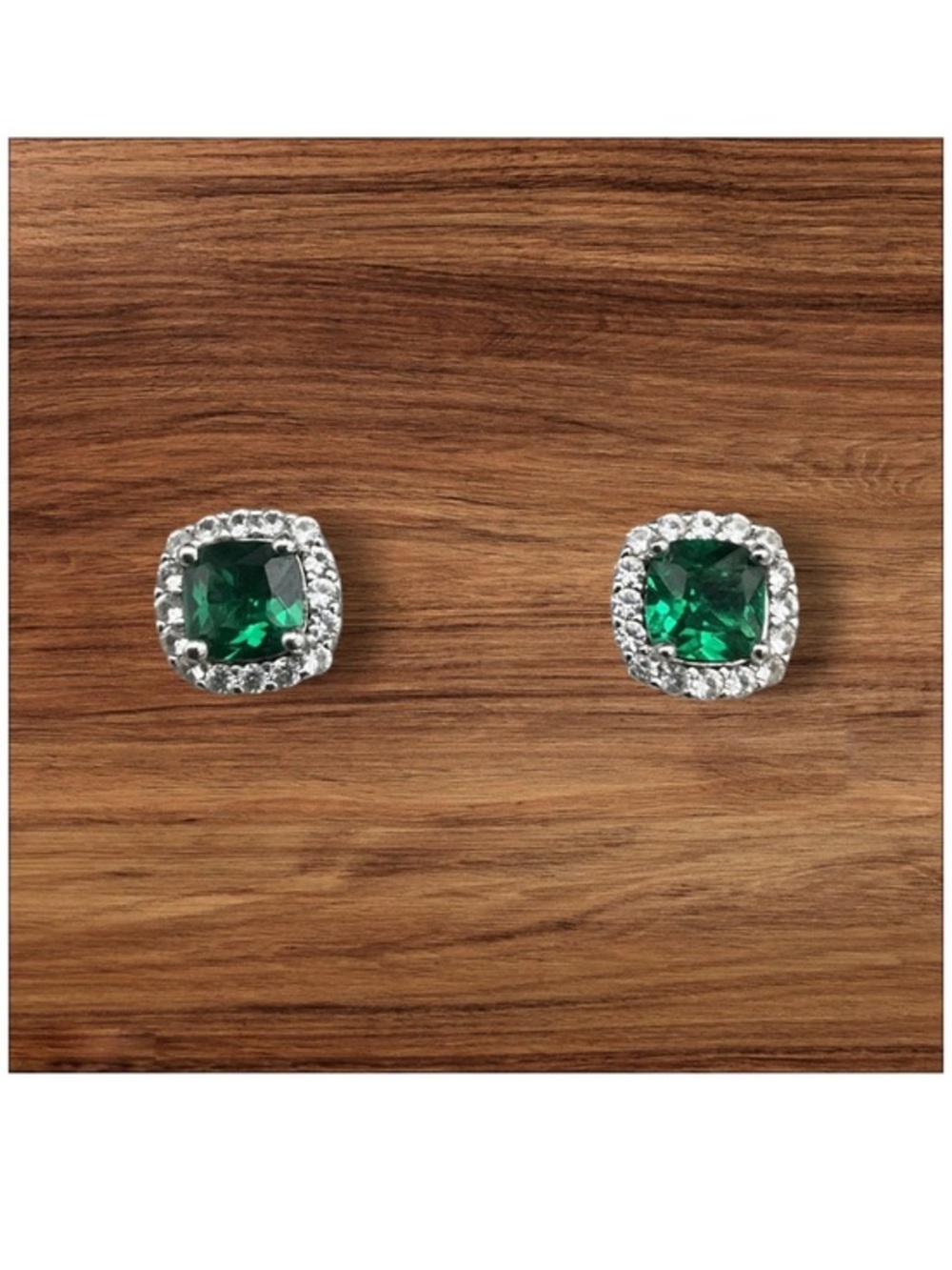 Green Radiant -Cut Cushion Halo Stud Earrings (Sterling Silver}
